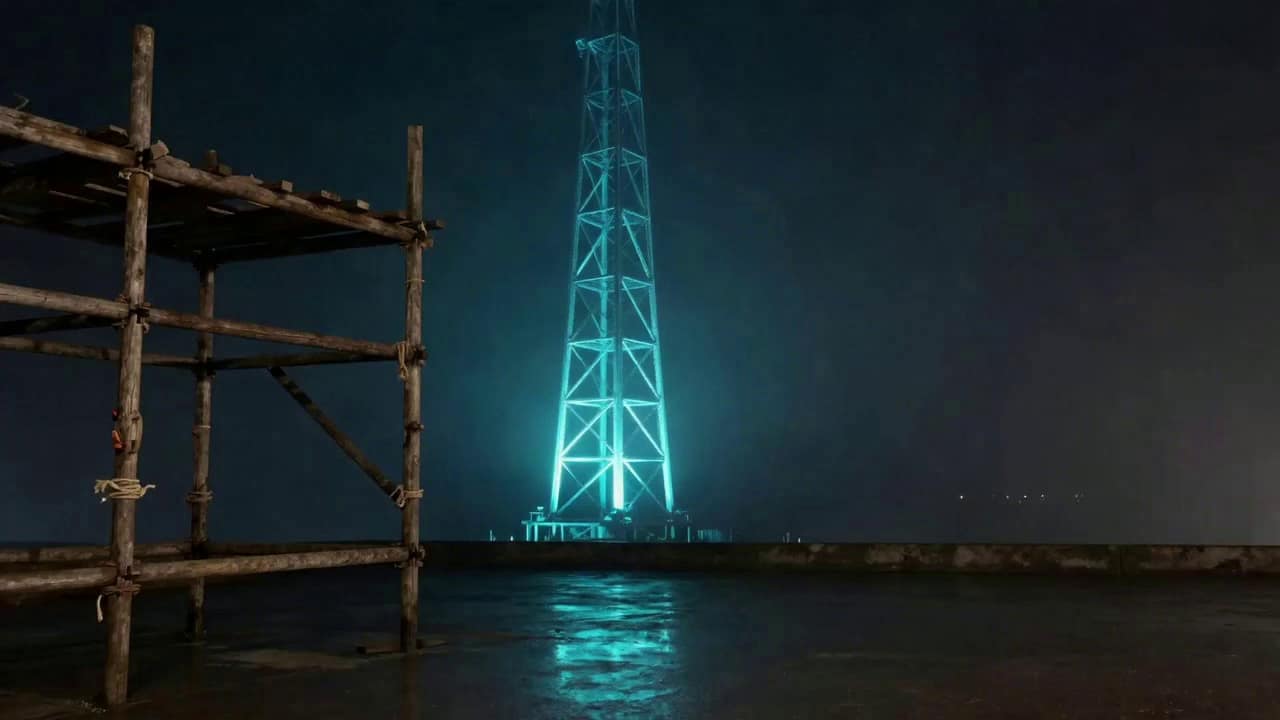 Ein morsches Holzgerüst löst sich im Nebel auf, daneben leuchtet ein präziser Stahlturm auf